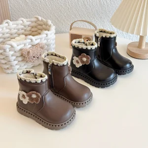 Kids' Cute Flower Decor Fleece Lined Winter Boots Warm Thickened Cotton Snow Boots Children's Side Zipper Footwear