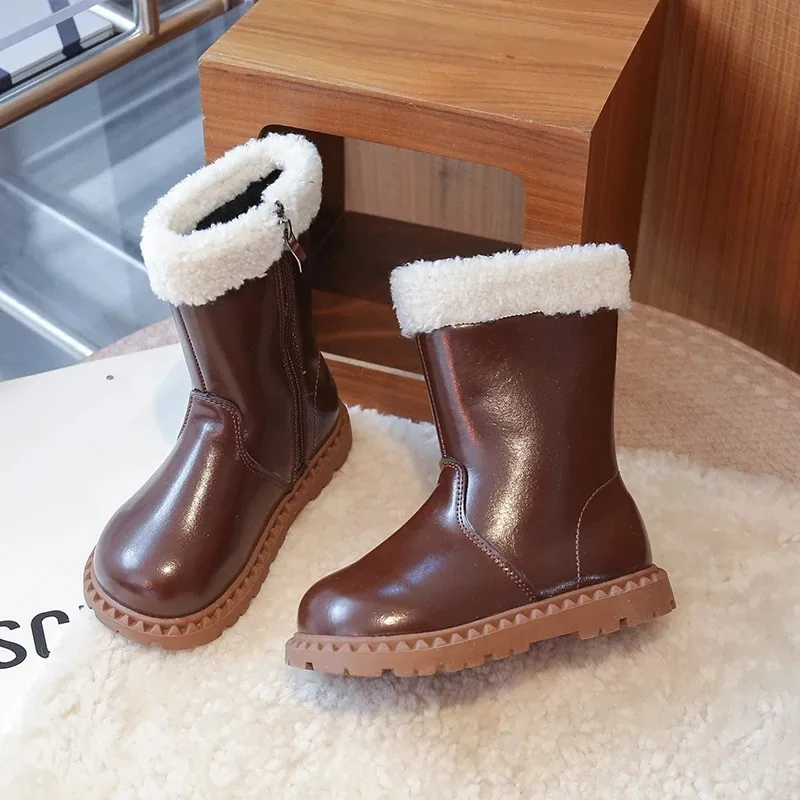 Girls' wool boots 2025 winter children's breathable lining boots anti slip side zipper fashionable retro snow shoes girls' boots - Image 3