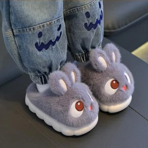 Winter Children's Cotton Shoes 2025 New Cute Rabbits Warm Plush Girls' Slippers Faux Fur Anti Slip Flat Boys' Home Slippers