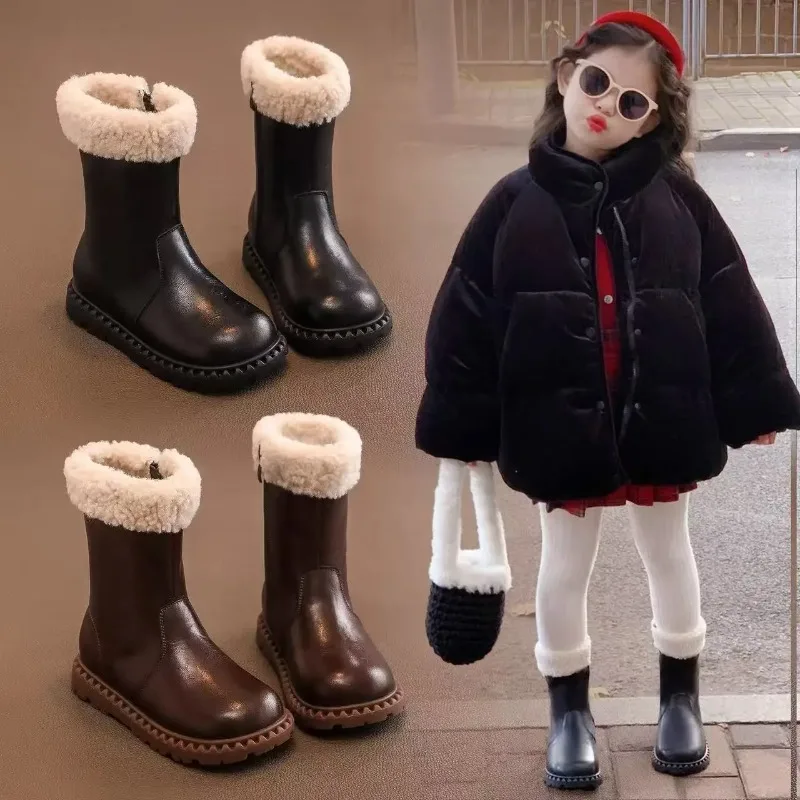 Girls' wool boots 2025 winter children's breathable lining boots anti slip side zipper fashionable retro snow shoes girls' boots
